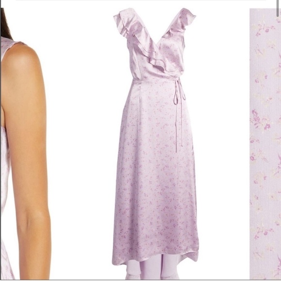 WAYF Satin Floral Wrap Maxi Dress Ruffle Neckline Purple S - Picture 9 of 10